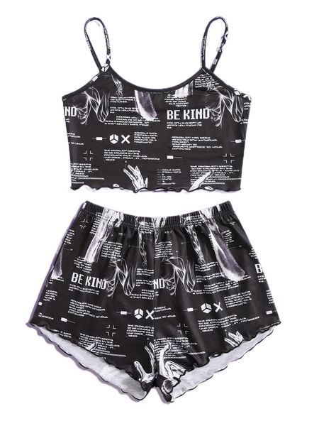 

romwe cyber luvr letter graphic lettuce trim pj set 59gk#, Black;red