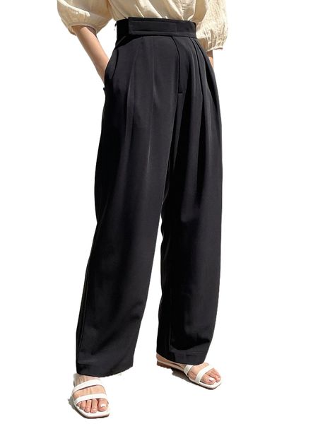 

dazy-less high waist plicated detail wide leg pants n24i#, Black;white