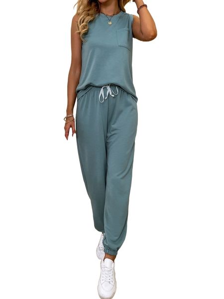 

patched pocket tank & tie front sweatpants 492a#, White