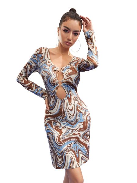 

x gina marie marble print o-ring cut out bodycon dress 72qt#, Black;gray