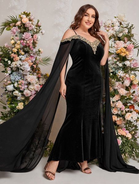 

plus guipure lace split sleeve velvet dress s5sw#, Black