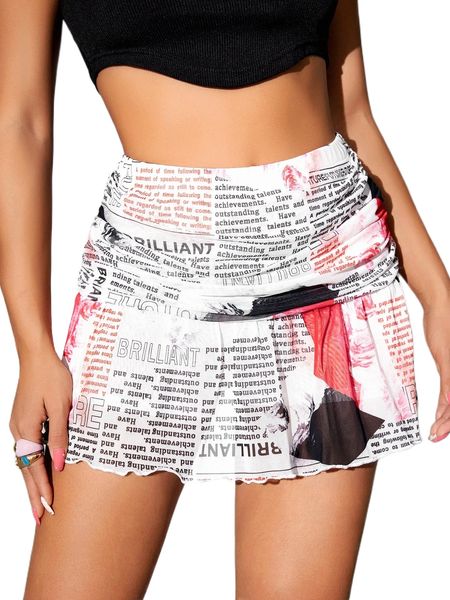 

newspaper print lettuce trim ruched mesh skirt 31yv#, Black
