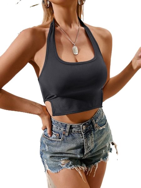 

ribbed knit split hem backless crop halter z34l#, White