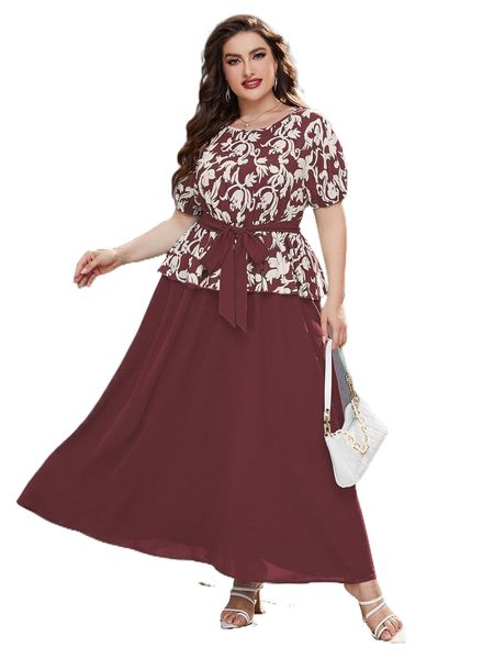 

plus floral print puff sleeve peplum waist belted dress o2ij#, Black