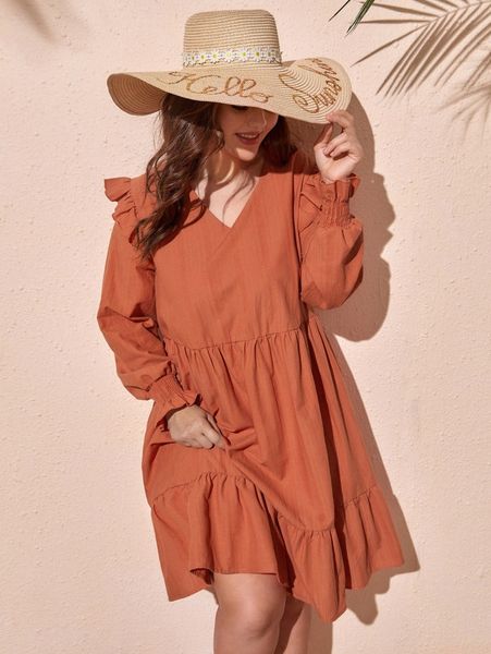 

plus shirred cuff ruffle trim smock dress 87p3#, Black