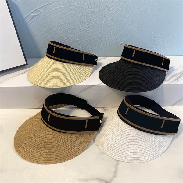 

stylish letter ribbon empty visors hat women summer designer straw hats outdoor vacation sunshade hat, Blue;gray