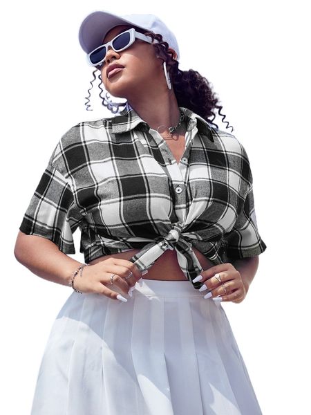 

plus buffalo plaid drop shoulder blouse 03yr#, Black