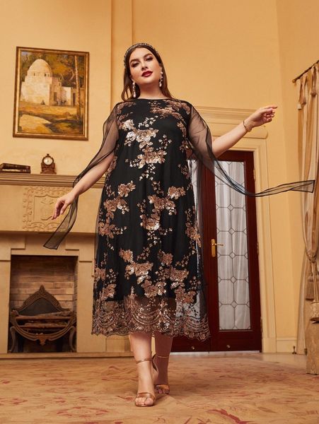 

plus sequin floral print contrast mesh dress t60q#, Black