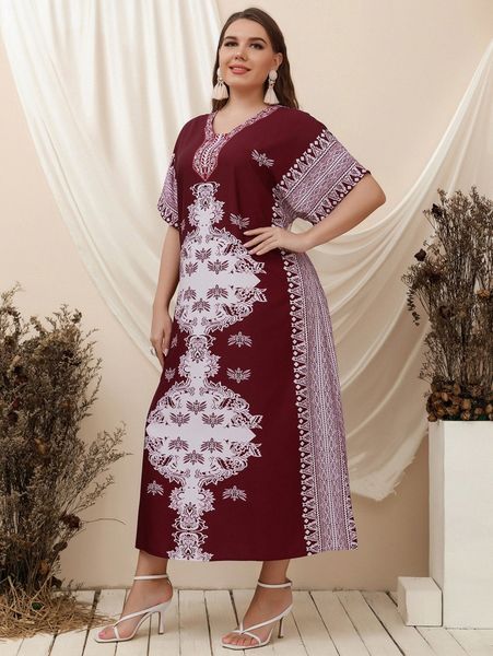 

plus graphic print batwing sleeve dress k9v8#, Black