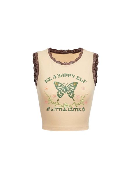 

mod floral & butterfly print contrast lace tank v3bu#, White