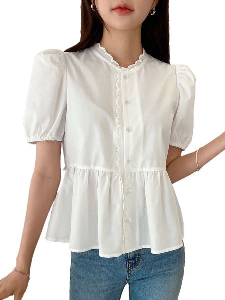 

dazy puff sleeve scallop trim peplum blouse j6dy#, White