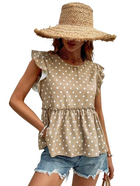 

polka dot flutter sleeve frilled blouse a4tn#, White
