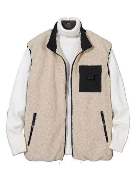 

men 1pc flap pocket contrast binding vest coat o0xs#, Black;brown