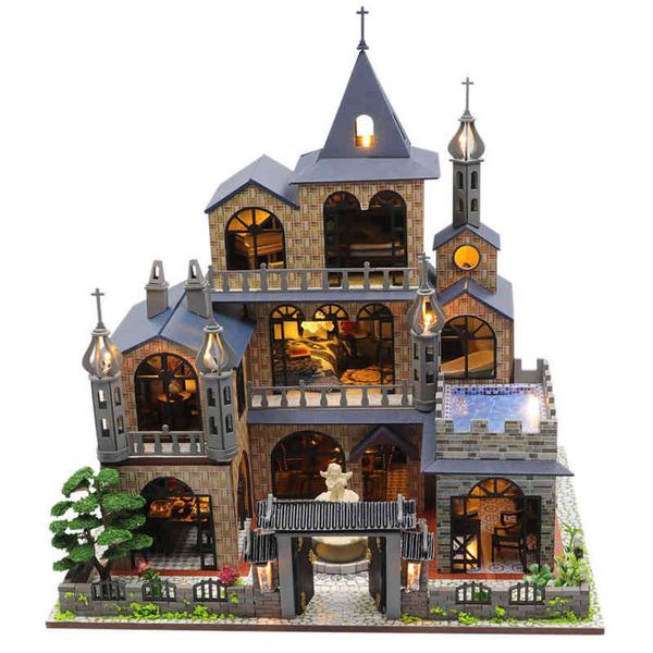 DIY Boneca De Madeira Kit Miniatura Com Mobília Luz Casa Europeia Villa Dollhouse Brinquedos Roombox Para Adultos Presentes de Natal AA220325