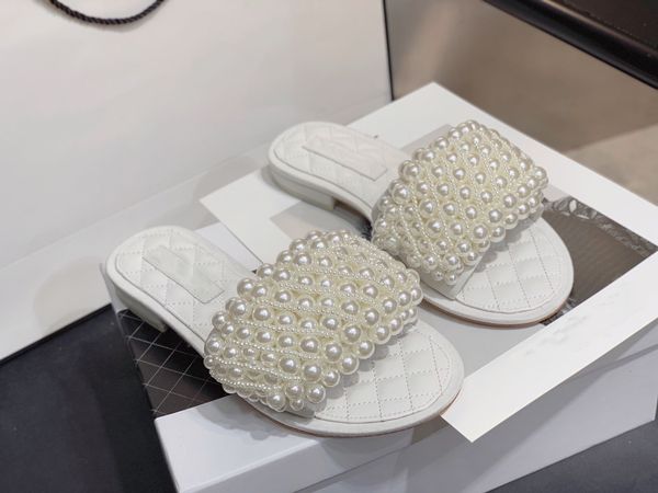 

designer famous brand slippers women flat sandals casual shoes handmade pearl inlaid flop beach sheepskin slippers 35-40, Black