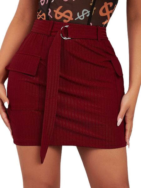 

sxy flap pocket rib knit belted skirt n6hl#, Black