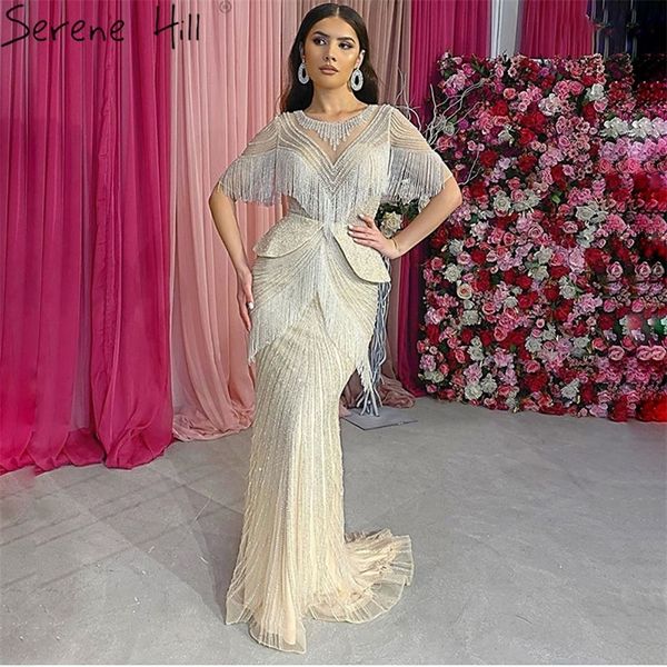 Serene Hill Dubai Silber Quaste Perlen Meerjungfrau Abendkleid Design 2020 Halbarm Luxus Sexy Formale Party Kleid LJ201123