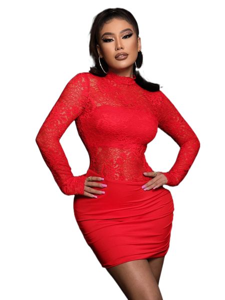 

joyfunear lace insert mock neck ruched side bodycon dress x1rm#, Black;gray