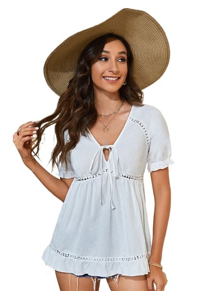 

tie front puff sleeve lace trim peplum b8du#, White
