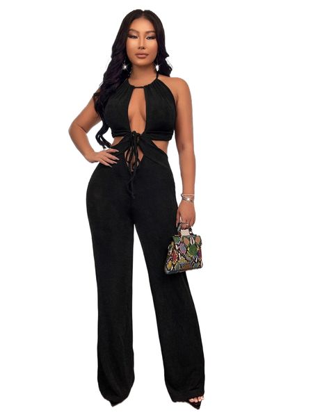 

cut out tie backless halter jumpsuit v0lw#, Black;white