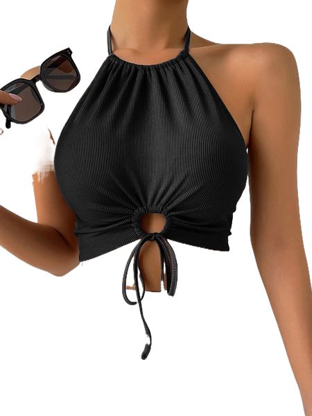 

ribbed knit tie backless halter 90ia#, White