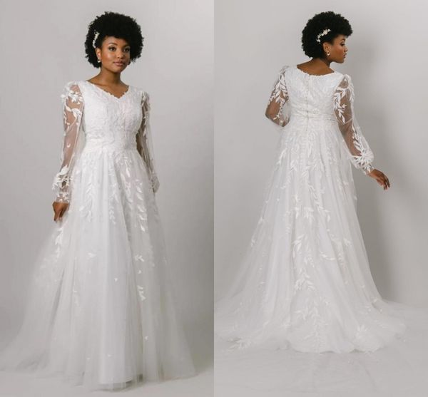 Vestidos de noiva modestos vestidos de mangas compridas renda tule v pesco