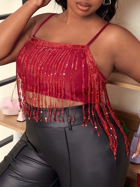 

sxy plus sequins fringe trim cami b1zw#, Black