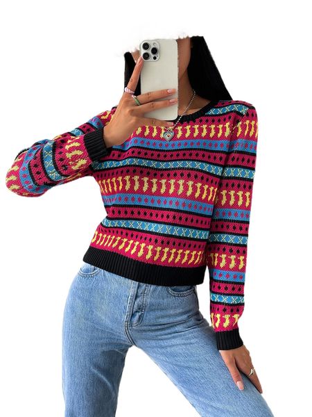 

allover pattern round neck sweater a2bo#, White;black