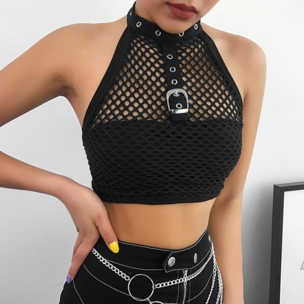 Tanques femininos Camis Summer Hollow Out Crop Tops Women Punk Black Halter Backless Clubwear Club Night Night Plus Tamanho Sleevelesswomen '