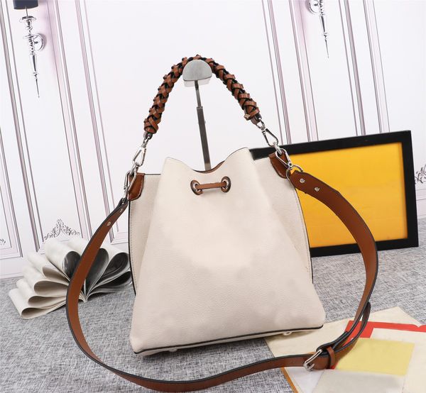 

classic fashion bucket bags drawstring shoulder bag alphabet pattern handbag purse designer women genuine leather hollow out crossbody chain
