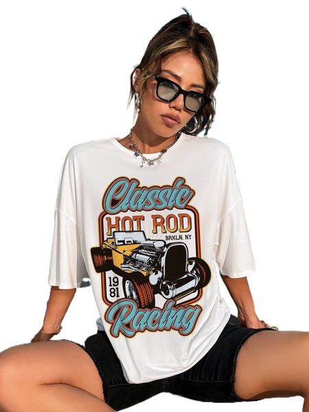 

car & letter graphic drop shoulder tee e9ao#, White