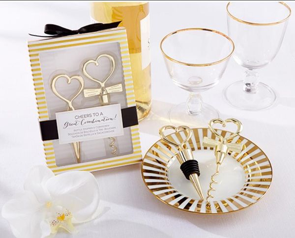 Stock Gold Wine Opener Stopper Love Set Geschenkbox Elegante herzförmige Flaschenöffner Korkenzieher Champagner Valentines Hochzeits Souvenir Geschenke Party Favor für 747 0511