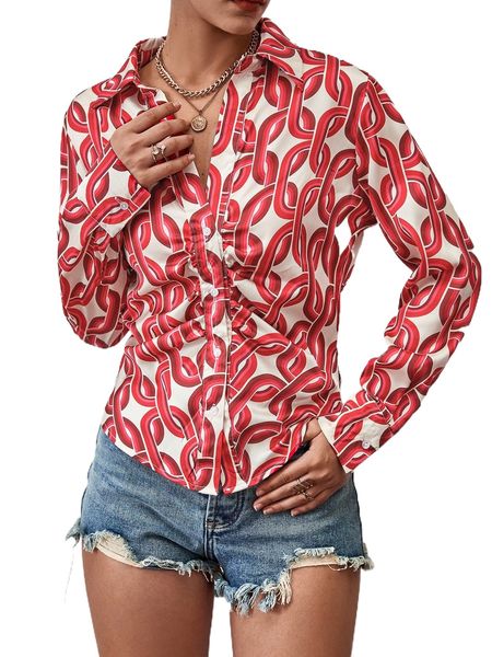 

chain print ruched front blouse v3zi#, White