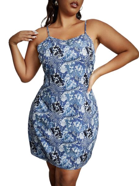 

plus letter & figure graphic cami dress i8ib#, Black