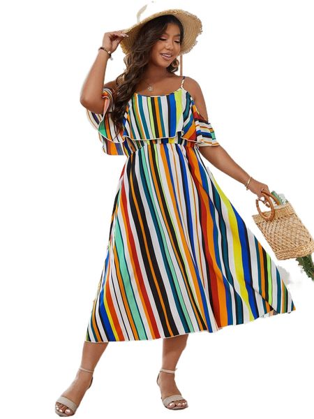 

plus colorful striped cold shoulder ruffle trim dress k5gu#, Black