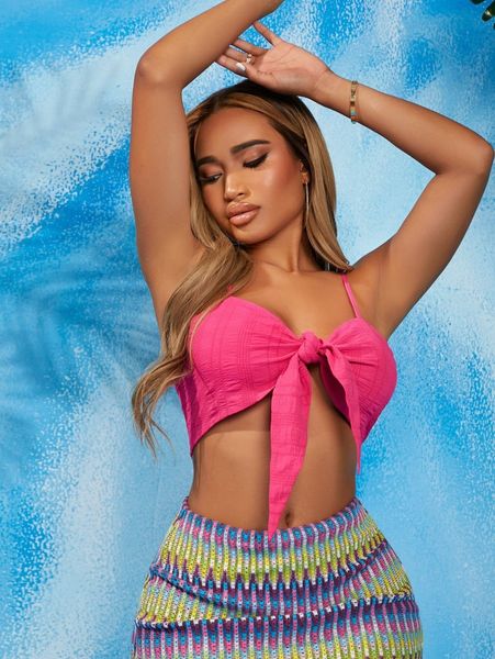 

sxy knot front textured crop cami d2h1#, White