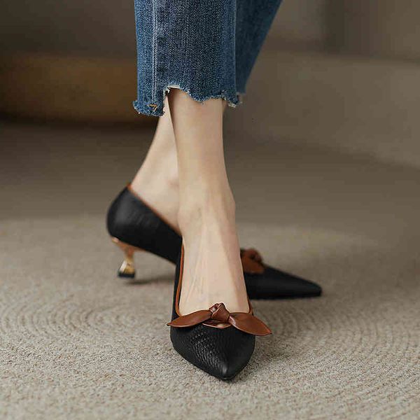 

boots bow high heels women's thin white pointed leather 5cm design sense of minority celebrity temperament fairy single shoes gkjd, Black