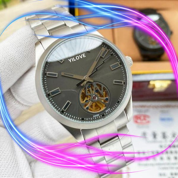 

black white dial stainless steel men's watch self-winding mechanical movement luxury clock hollow design style european high-end wristw, Slivery;brown