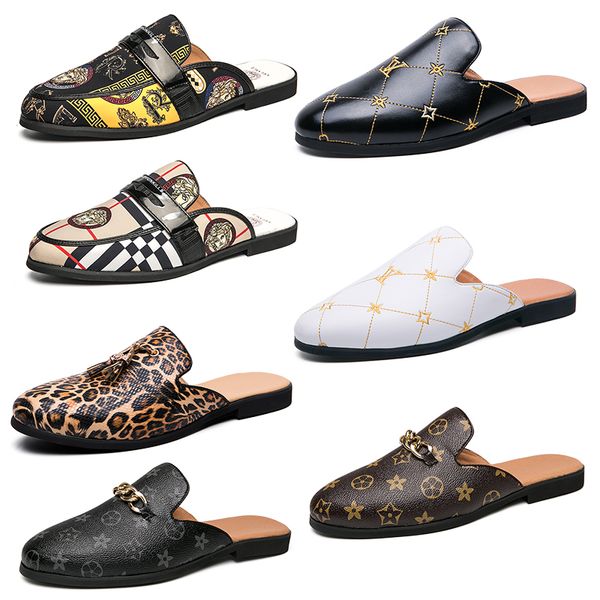 

luxury brand mens designer horsebit metal buckle grid pattern slippers genuine leather mules black white flip flops men casual lazy shoes bi