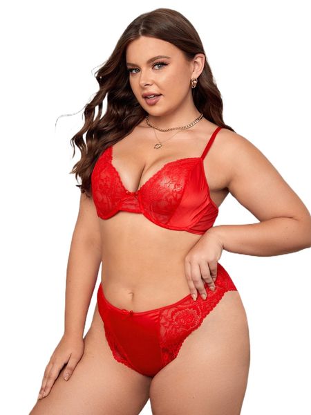 

plus contrast lace bow front underwire lingerie set l5xk#, Black;white