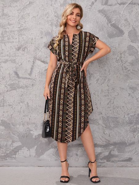 

notch neck belted geo dress r1hw#, Black;gray