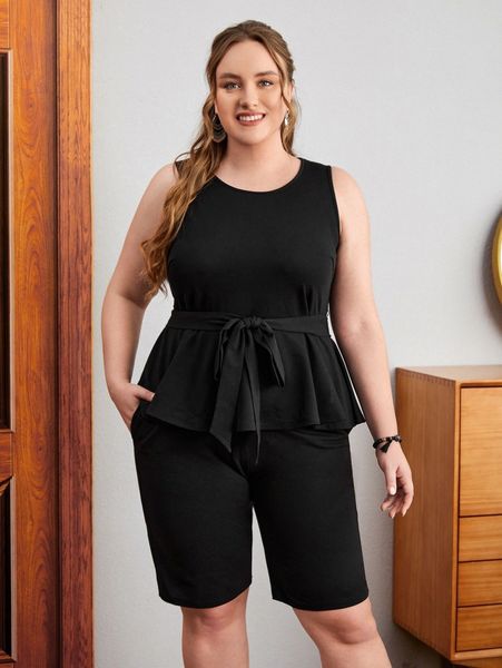 

emery rose plus belted tank & slant pockets shorts c1gt#, Black