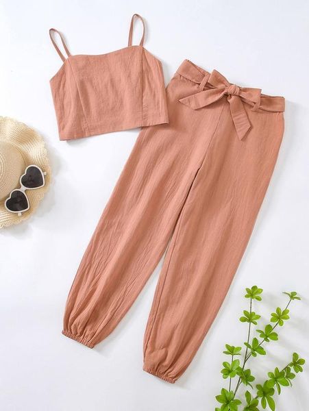 

girls solid cami & belted sweatpants she, White