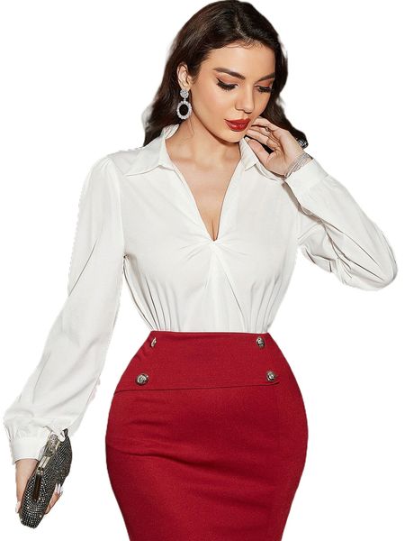 

lantern sleeve twist front blouse i1em#, White