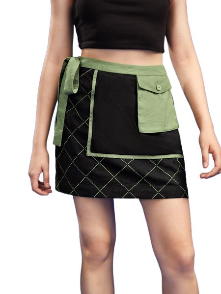 

x majve tie side pocket patched geo print skirt c46s#, Black