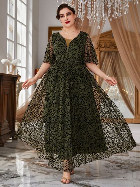 

plus polka dot & floral print butterfly sleeve mesh maxi dress j0pv#, Black