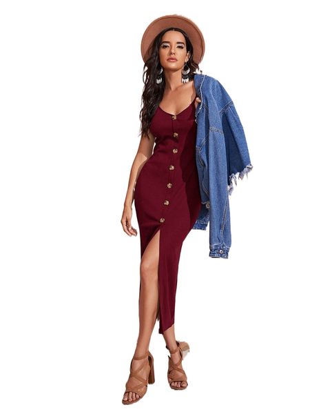 

buttoned front-slit bodycon midi dress k8dg#, Black;gray