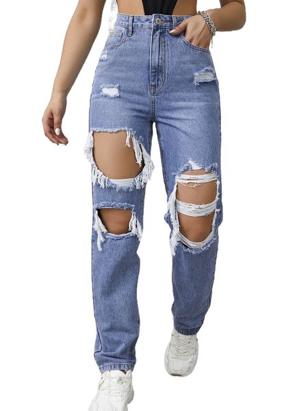 

ripped frayed cut out high waist jeans j9t3#, Blue