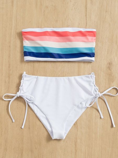 

striped bandeau tie side bikini swimsuit s5pm#, White;black