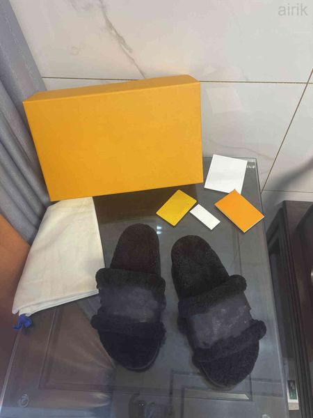 

2023 women's sandals flat mule mink slippers cognac brown design canvas slippers winter boots men's shoes with box, Black